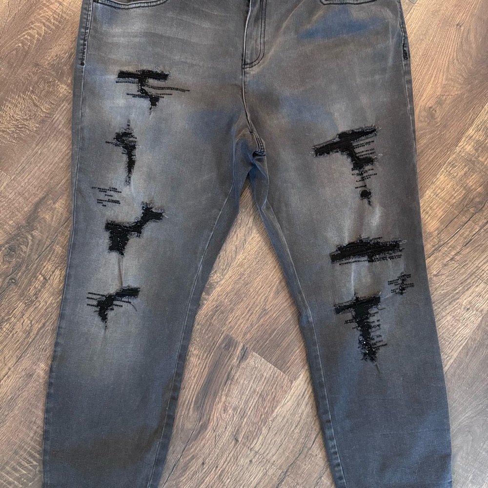 INC International Concepts Women's Distressed Black and Gray Skinny Pants